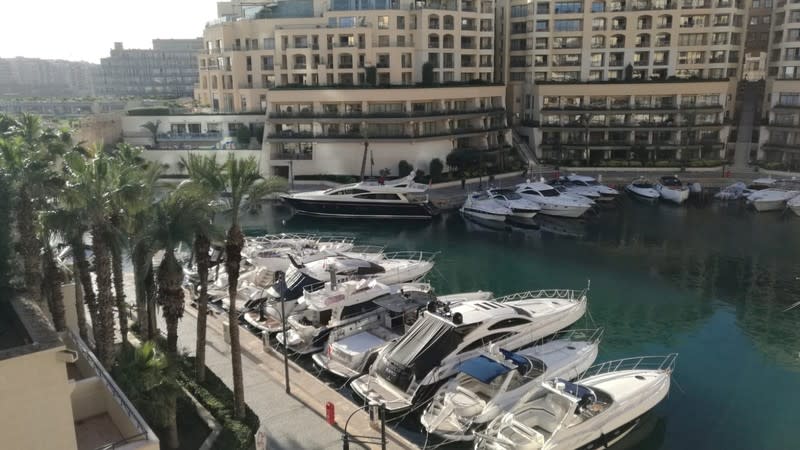 A yacht, which is believed to have been intercepted by Maltese police to arrest prominent businessman Yorgen Fenech in connection with an investigation into the murder of journalist Daphne Caruana Galizia, according to sources, is seen docked at a the Port