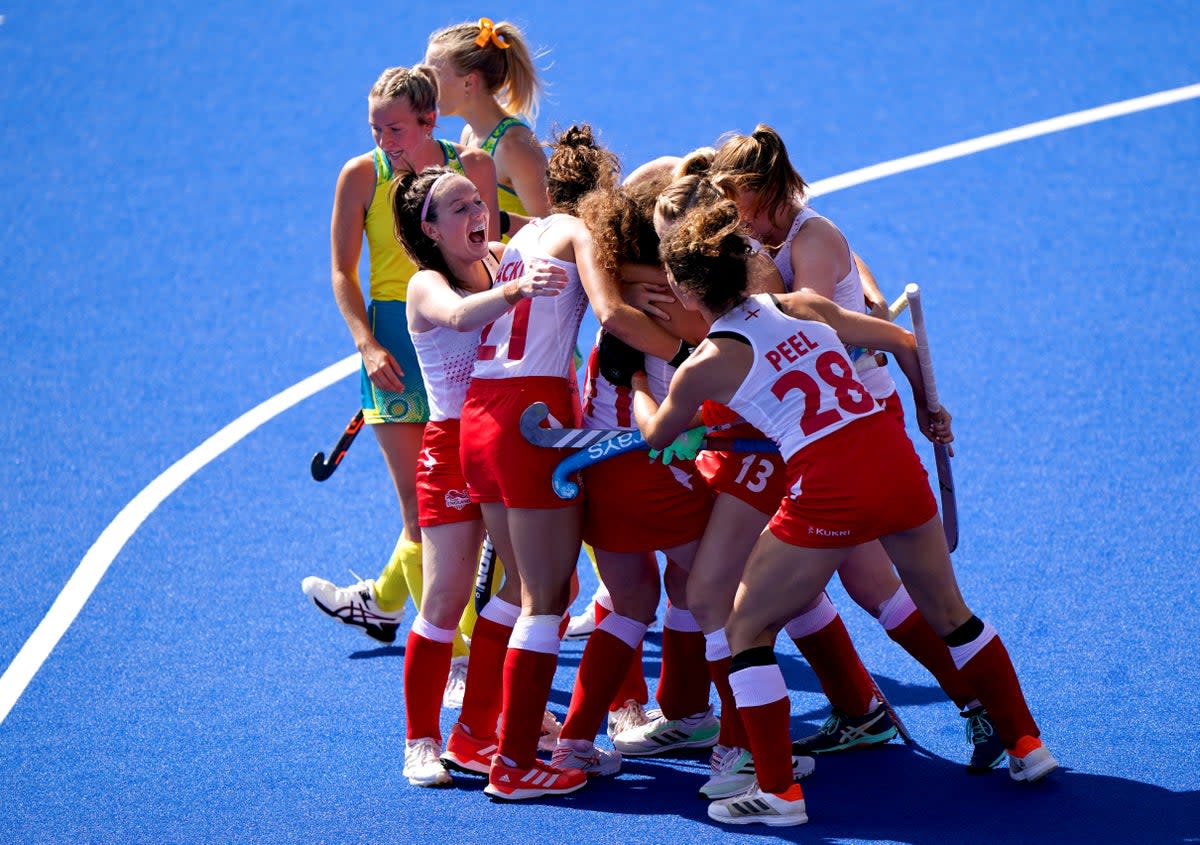 England’s Holly Hunt celebrates with her team-mates after scoring in the final victory over Australia (Joe Giddens/PA) (PA Wire)
