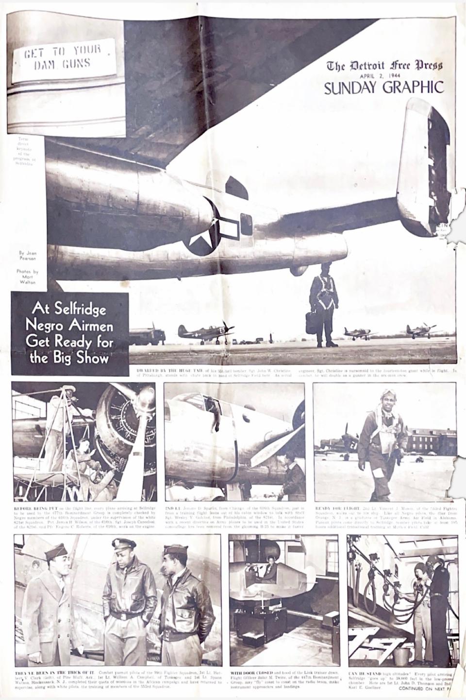 A Detroit Free Press Sunday Graphic story written by Jean Pearson and published on April 2, 1944, illustrated the happenings at Selfridge Airfield as the remaining Tuskegee Airmen continued their training.