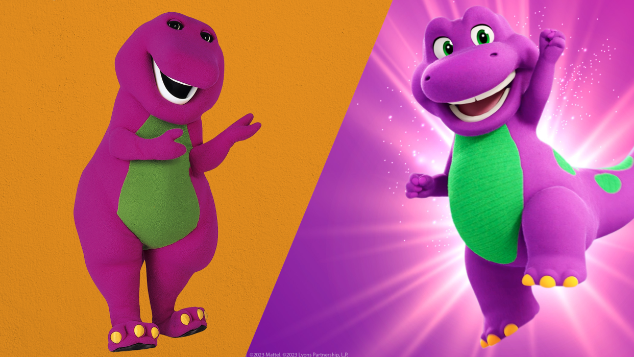 The classic PBS version of Barney pictured alongside his Mattel makeover. (Photo: Everett Collection/Courtesy of Mattel)