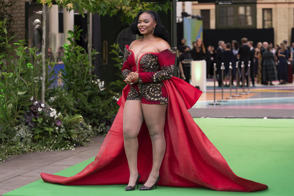 Yemi Alade poses for photographers upon arrival at The Earthshot Prize Awards Ceremony, in London, Sunday, Oct. 17, 2021. (AP Photo/Scott Garfitt)