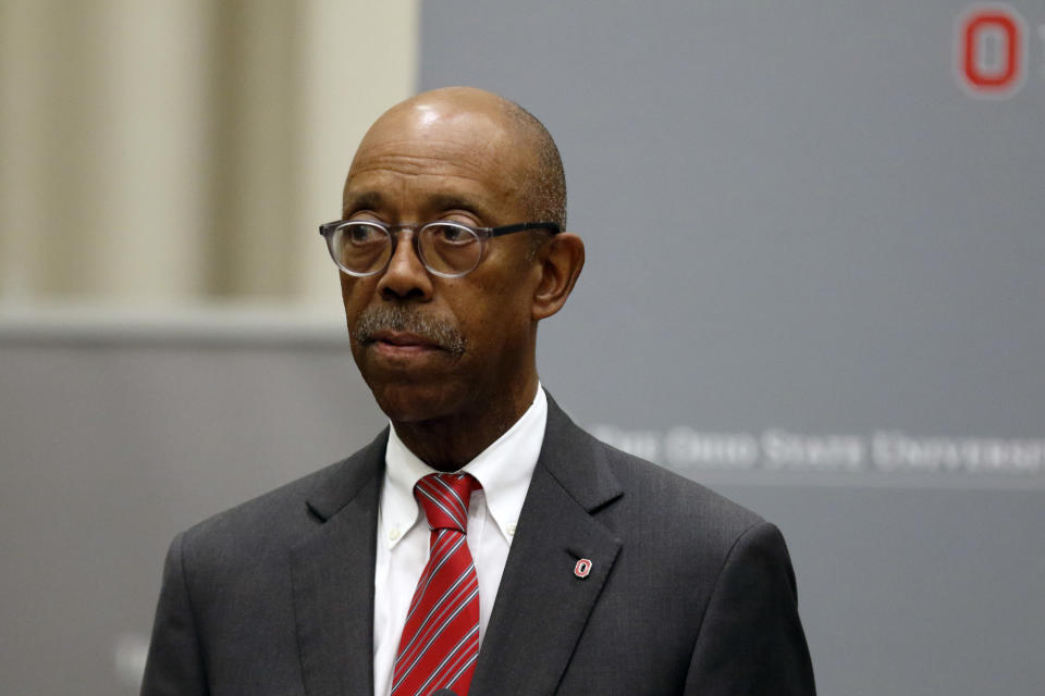 FILE - In this Aug. 22, 2018, file photo, Ohio State University President Michael Drake makes a statement during a press conference in Columbus, Ohio. Drake is planning to retire from his role as Ohio State president next year. (AP Photo/Paul Vernon, File)