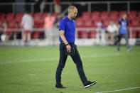 U.S. coach Gregg Berhalter walks off the field after the team's international friendly soccer match against Jamaica, Wednesday, June 5, 2019, in Washington. Jamaica won 1-0. (AP Photo/Nick Wass)