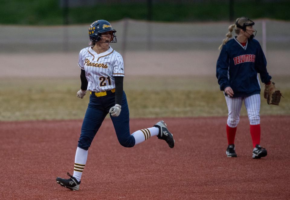 Mooresville's Zoey Kugelman celebrates during a game vs. Tecumseh during the Castle Softball Invitational presented by Peoples Bank at Deaconess Sports Park in Evansville, Ind., Friday, April 5, 2024.