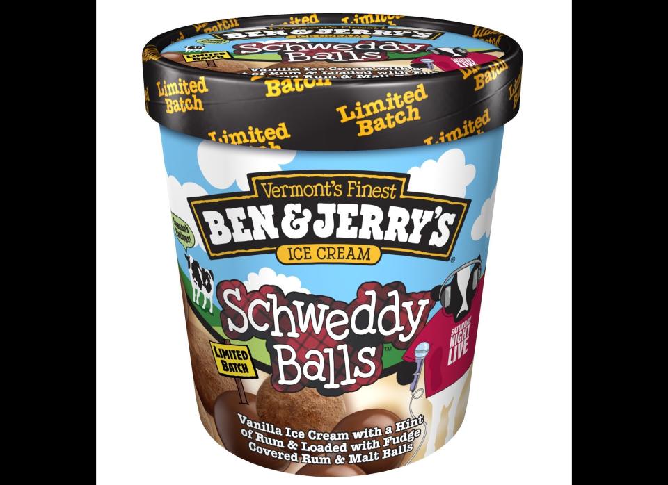 This product image courtesy of Ben & Jerry's shows their new ice cream flavor, "Schweddy Balls."  The new flavor is a homage to an old "Saturday Night Live" skit featuring Alec Baldwin as bakery owner Pete Schweddy.     (AP Photo/Ben & Jerry's)