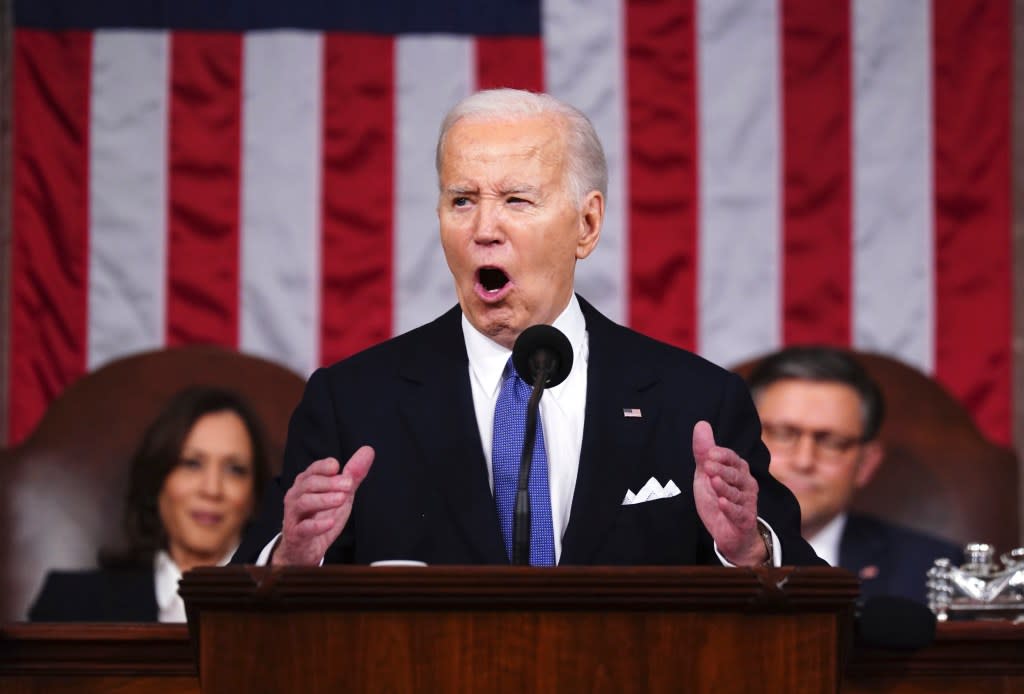 President Joe Biden delivers the State of the Union address to a joint session of Congress at the Capitol Thursday, March 7, 2024, in Washington. (Shawn Thew/Pool via AP)