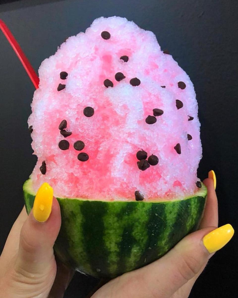 Watermelon shave ice with chocolate chips, served in a small watermelon at Betty's Icebox in Asbury Park.