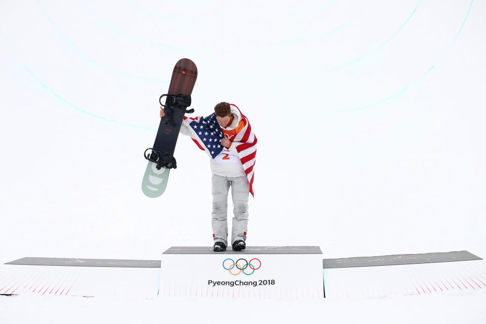 <p>PYEONGCHANG-GUN, SOUTH KOREA – FEBRUARY 14: Gold medalist Shaun White of the United States poses during the victory ceremony for the Snowboard Men’s Halfpipe Final on day five of the PyeongChang 2018 Winter Olympics at Phoenix Snow Park on February 14, 2018 in Pyeongchang-gun, South Korea. (Photo by Cameron Spencer/Getty Images) </p>