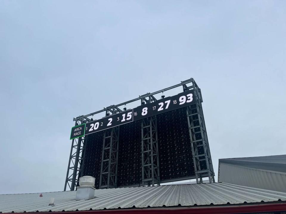 Parts of the running order are displayed on an LED ribbon board on the back side of the big screen at Talladega Superspeedway on April 20, 2024, during an ARCA race.