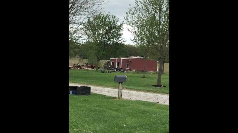 Outbuilding damaged during April 15, 2023 tornadoes that touched down in Monroe and St. Clair counties. This damaged building is off of Maus Road in Monroe County. National Weather Service storm survey team