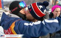 <p>guskenworthy: Kiss Kiss Bish!<br> Didn’t realize this moment was being filmed yesterday but I’m so happy that it was. My childhood self would never have dreamed of seeing a gay kiss on TV at the Olympics but for the first time ever a kid watching at home CAN! Love is love is love. Also, shouts to @rightordoyle for being the third wheel of the century. Love you boo! (Photo via Instagram/guskenworthy) </p>