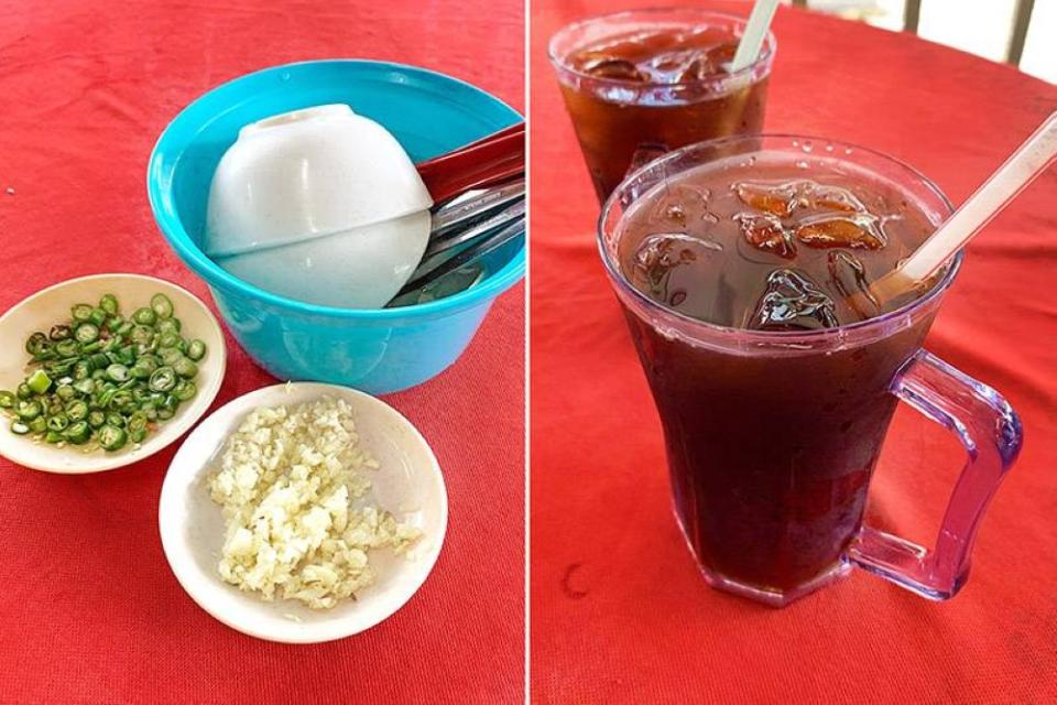 The requisite Chinese restaurant “sides” – minced raw garlic and sliced 'cili padi' (left), and herbal tea (right).