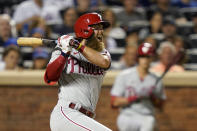 Philadelphia Phillies' Brandon Marsh reacts after striking out against New York Mets starting pitcher Jacob deGrom (48) in the fourth inning of a baseball game, Saturday, Aug. 13, 2022, in New York. (AP Photo/John Minchillo)