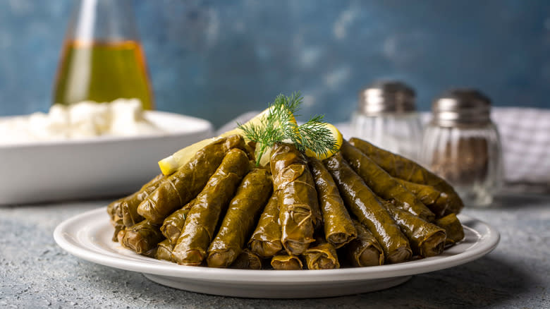 Platter of dolmas and fresh lemon