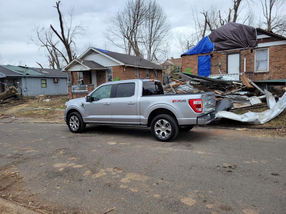 Ford Motor Co. provides F-150 pickup trucks for disaster relief, most recently for floods in eastern Kentucky after tornado damage in December 2021.