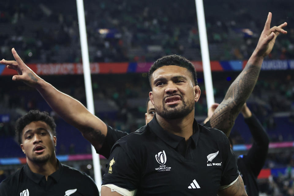 New Zealand's Ardie Savea celebrates after the Rugby World Cup quarterfinal match between Ireland and New Zealand at the Stade de France in Saint-Denis, near Paris, Saturday, Oct. 14, 2023. (AP Photo/Aurelien Morissard)
