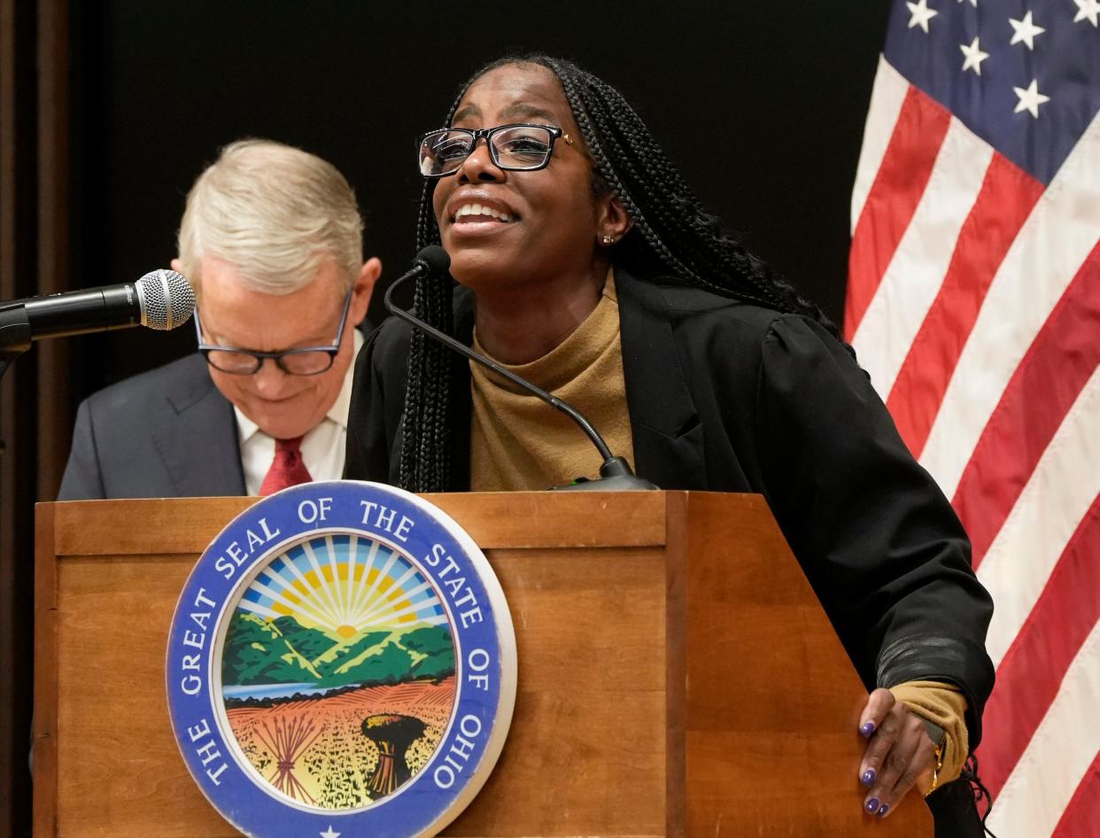 Dec. 20, 2023; Columbus, Ohio, USA; 
Carla Thomas of Akron give a passionate speech during an event Wednesday at the Ohio State University Moritz College of Law where Ohio Governor Mike DeWine announced that the expedited pardon project surpassed 100 people in the four years since it was created.