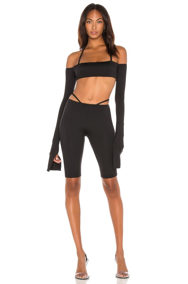 <p>LaQuan Smith x Revolve Off The Shoulder Crop Top, $195, <a href="https://rstyle.me/+VnGOYqg_rm3VKnpRSoXtig" rel="nofollow noopener" target="_blank" data-ylk="slk:available here;elm:context_link;itc:0;sec:content-canvas" class="link ">available here</a>; LaQuan Smith x Revolve Low Rise Biker Short, $192 (from $295), <a href="https://rstyle.me/+Z5iRNnxlgwa3eDINpAjbVA" rel="nofollow noopener" target="_blank" data-ylk="slk:available here;elm:context_link;itc:0;sec:content-canvas" class="link ">available here</a></p>