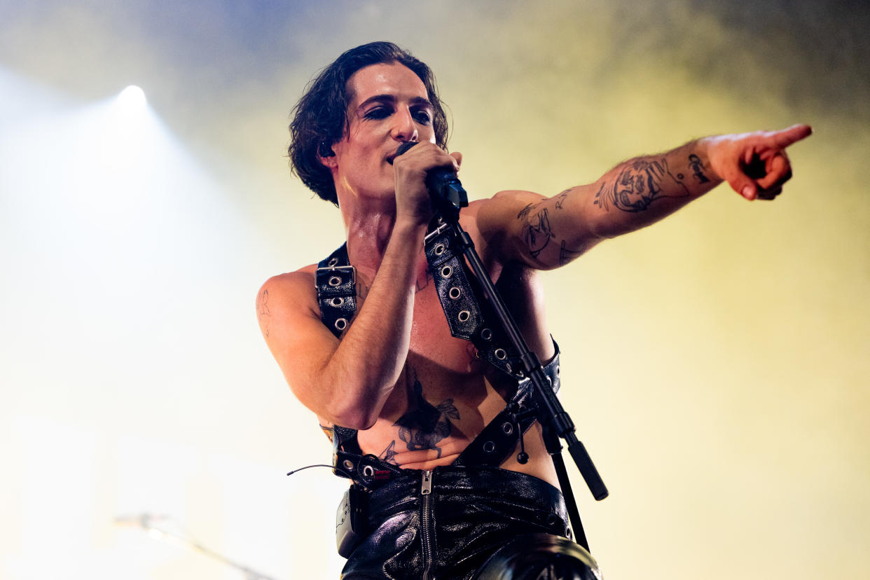 INDIO, CALIFORNIA - APRIL 24:  Singer Damiano David of Måneskin performs on the Mojave stage during day 3 of the 2022 Coachella Valley Music And Arts Festival on April 24, 2022 in Indio, California. (Photo by Scott Dudelson/Getty Images for Coachella)