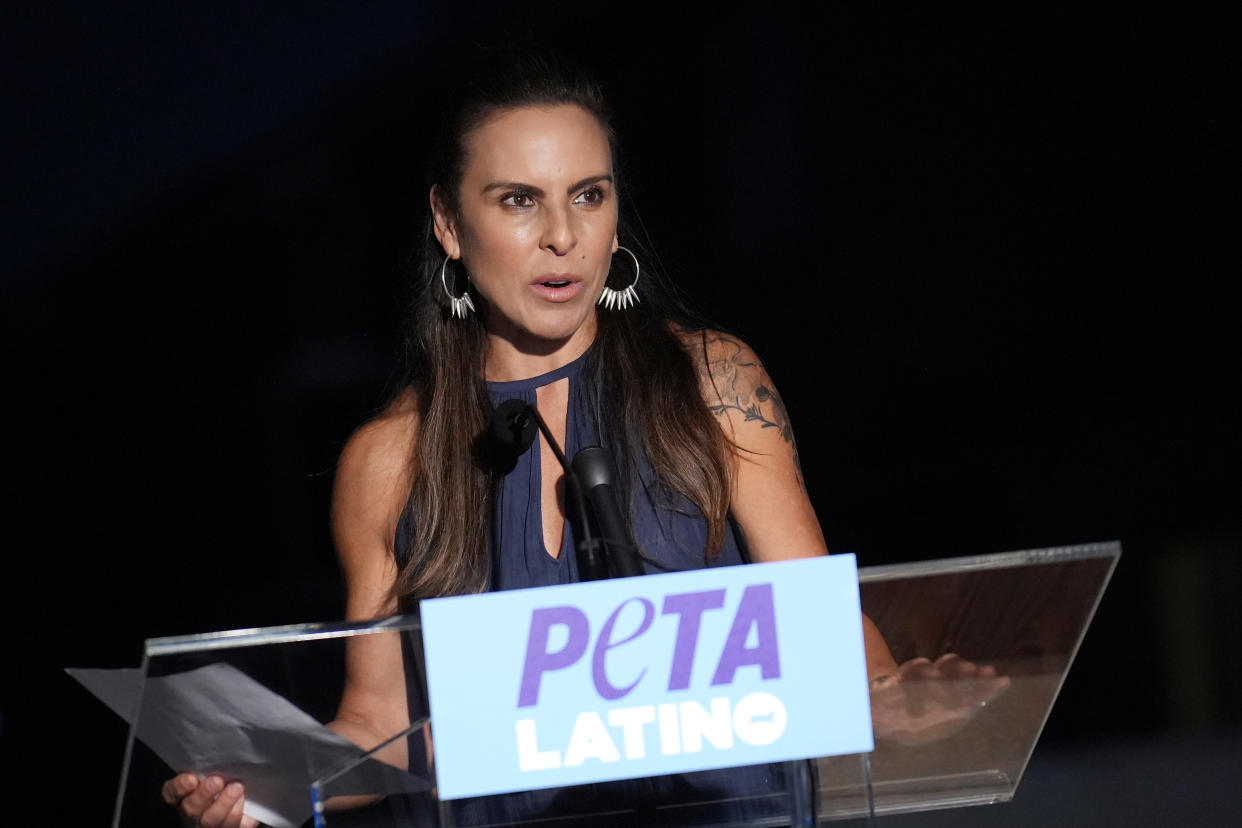 LOS ANGELES, CALIFORNIA - AUGUST 24: Actress Kate Del Castillo speaks during PETA Latino's 10th Anniversary Celebration at PETA's Bob Barker Building on August 24, 2023 in Los Angeles, California. (Photo by JC Olivera/Getty Images)