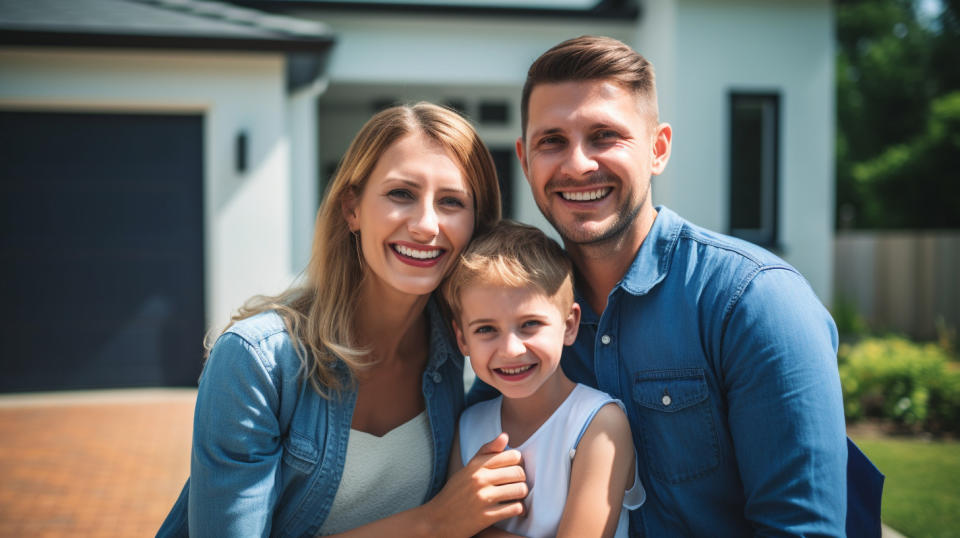 A successful female real estate broker show a happy family their new home's keys.