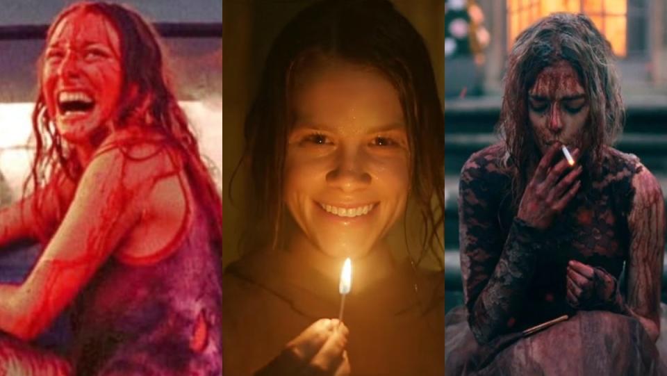 split image of sally hardesty from the texas chain saw massacre, rose from smile movie, and grace from ready or not best final scenes in horror history