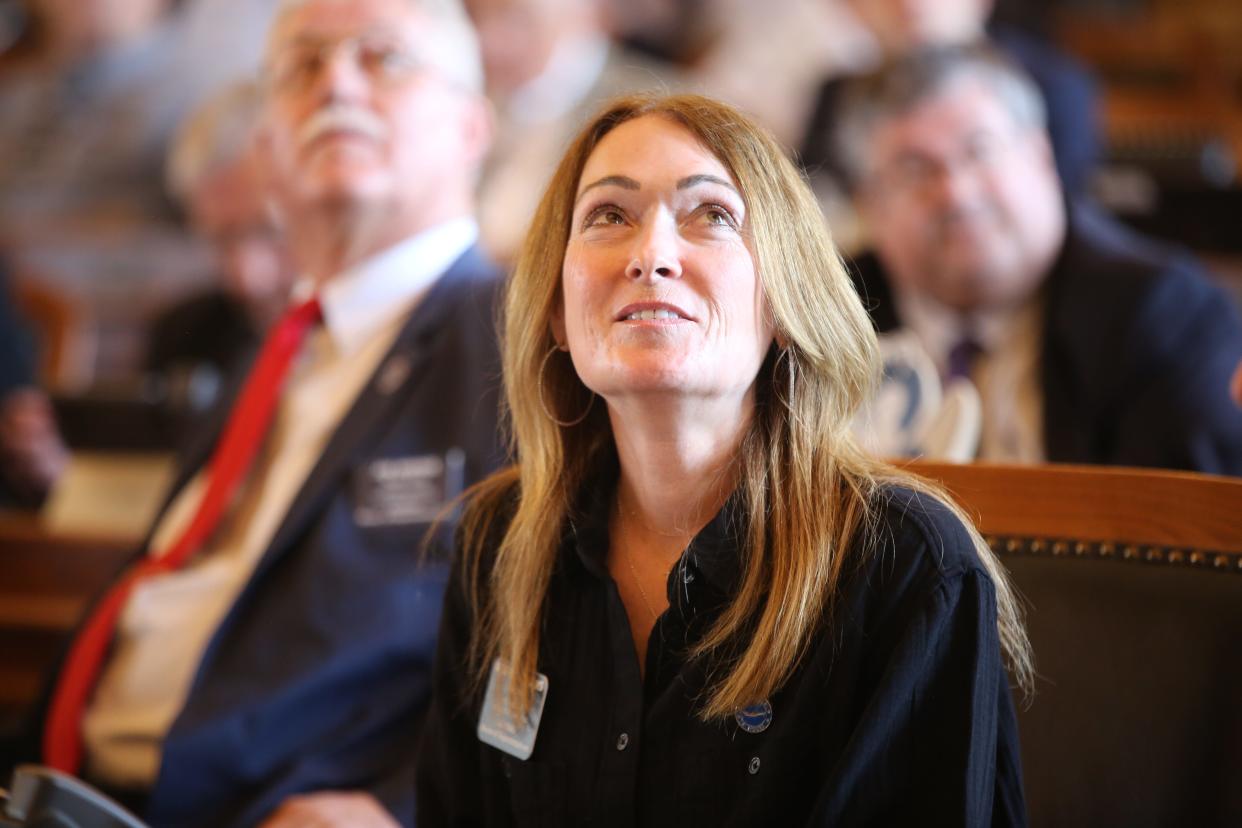 Rep. Kristey Williams, R-Augusta, looks up at the voting board Friday as the House votes on the K-12 education budget.