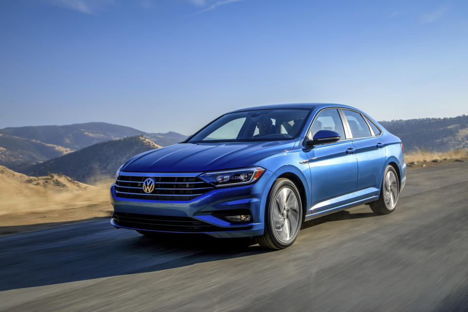 This undated photo provided by Volkswagen shows the 2019 Volkswagen Jetta, a compact sedan that offers an average savings of about 14% in November. (James Halfacre/Volkswagen via AP)