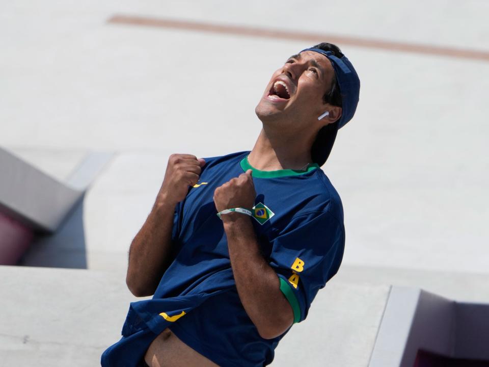 Kelvin Hoefler of Brazil reacts after his final attempt at Tokyo 2020.