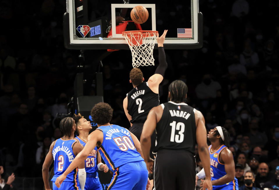 Brooklyn Nets forward Blake Griffin (2) drives to the basket against the Oklahoma City Thunder during the first half of an NBA basketball game, Thursday, Jan. 13, 2022, in New York. (AP Photo/Jessie Alcheh)
