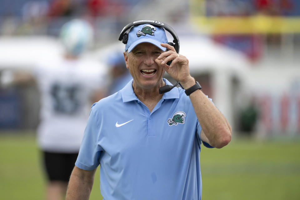 Tulane head coach Willie Fritz reacts on the sidelines during the first half an NCAA football game against Florida Atlantic on Saturday, Nov. 18, 2023 in Boca Raton, Fla. (AP Photo/Doug Murray)