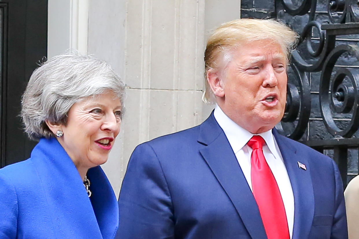 LONDON, UK, UNITED KINGDOM - 2019/06/04: US President Donald Trump and British Prime Minister Theresa May on the steps of No 10 Downing Street during the second day of the State Visit to the UK. (Photo by Dinendra Haria/SOPA Images/LightRocket via Getty Images)