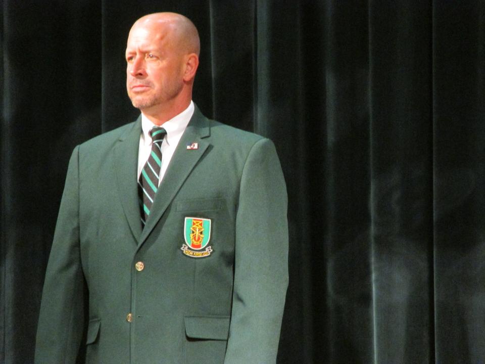 Retired Chief Warrant Officer 5 James Korenoski is recognized as the incoming honorary chief warrant officer of the special forces regiment during a Nov. 4, 2021, ceremony at Fort Bragg.