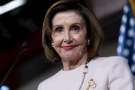 House Speaker Nancy Pelosi of Calif., smiles during her weekly news conference on Capitol Hill in Washington, Thursday, Oct. 21, 2021. (AP Photo/Andrew Harnik)