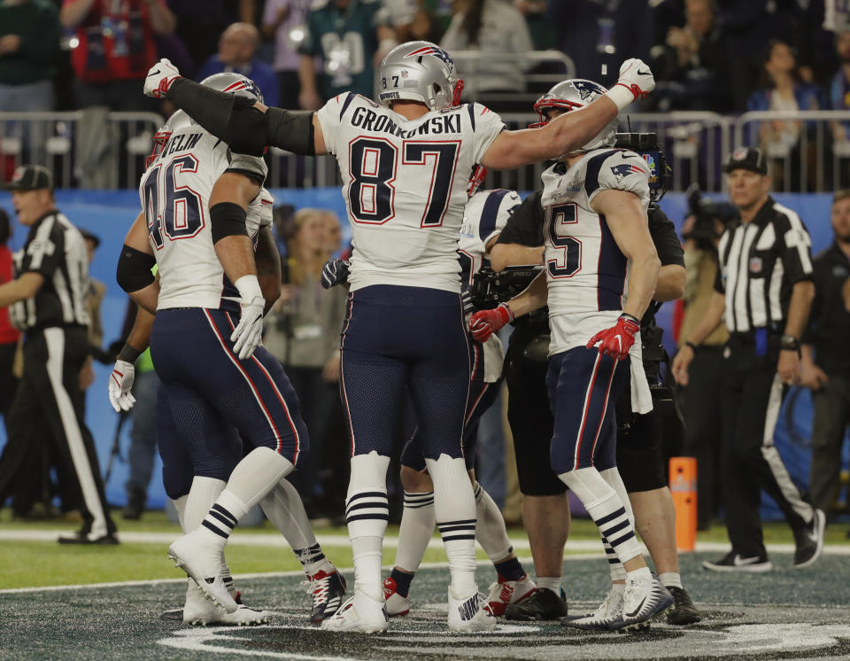 <p>New England Patriots tight end Rob Gronkowski (87) celebrates a touchdown, during the second half of the NFL Super Bowl 52 football game against the Philadelphia Eagles, Sunday, Feb. 4, 2018, in Minneapolis. (AP Photo/Charlie Neibergall) </p>