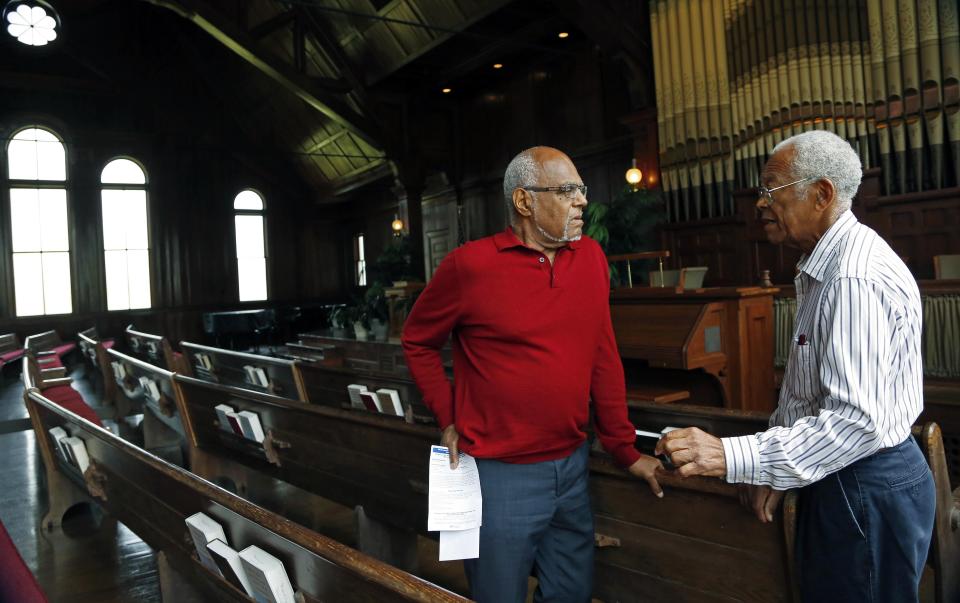 FILE - Longtime civil rights activists Robert "Bob" Moses, left, and Hollis Watkins speak at Tougaloo College, Friday, Aug. 2, 2013, in Jackson, Miss. Watkins died at age 82 on Wednesday, Sept. 20, 2023, at his home in Clinton, Miss. (AP Photo/Rogelio V. Solis, File)