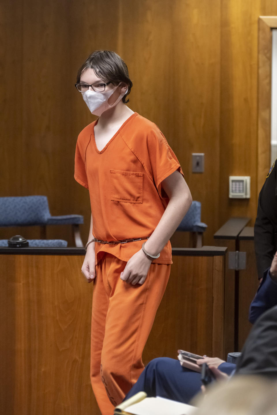 Ethan Crumbley attends a hearing at Oakland County circuit court in Pontiac, Mich., on Tuesday, Feb. 22, 2022, over the teen's placement as he awaits trial. Crumbley, 15, is charged with the fatal shooting of four fellow students and the wounding of seven others, including a teacher at Oxford High School on Nov. 30. (David Guralnick/Detroit News via AP, Pool)