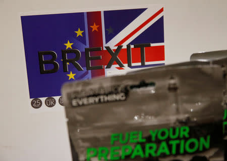 'Brexit Box' ration kits which contain dehydrated food, water purifying kit and fire starting gel are pictured at the warehouse of emergency food storage.co.uk in Leeds, Britain January 21, 2019. REUTERS/Phil Noble