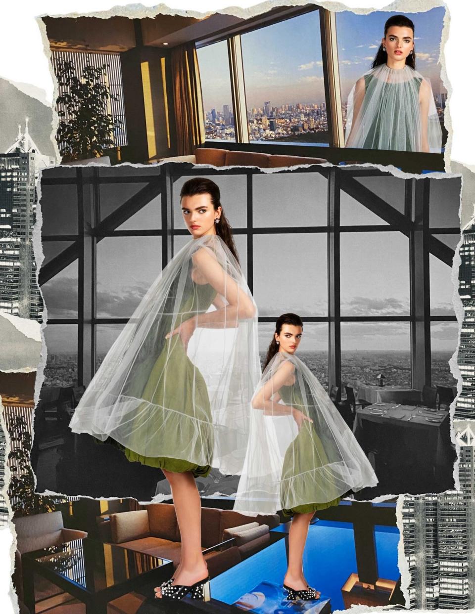 A model wears a sage green dress with a sheer white overlay, superimposed over photos of the Park Hyatt Tokyo hotel