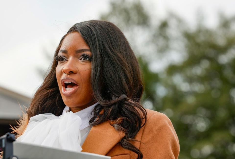 U.S. Rep. Jasmine Crockett (D-TX) speaks during a press conference held to address MAGA Republicans decision to prioritize the impeachment of President Joe Biden