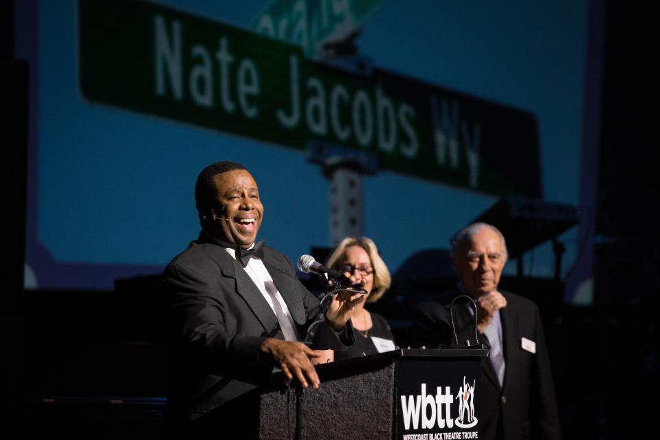 Nate Jacobs, founder and artistic director of the Westcoast Black Theatre Troupe at the company’s 15th anniversary celebration in 2014, with Executive Director Julie Leach and former board chairman Howard Millman.