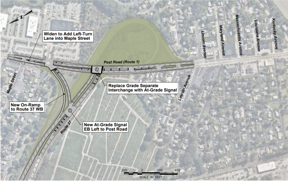 A diagram shows the proposed replacement of Route 37 ramps with a stop-lighted surface intersection at the Post Road.