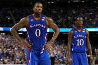 Thomas Robinson #0 and Tyshawn Taylor #10 of the Kansas Jayhawks look on in the first half while taking on the Kentucky Wildcats in the National Championship Game of the 2012 NCAA Division I Men's Basketball Tournament at the Mercedes-Benz Superdome on April 2, 2012 in New Orleans, Louisiana. (Photo by Jeff Gross/Getty Images)