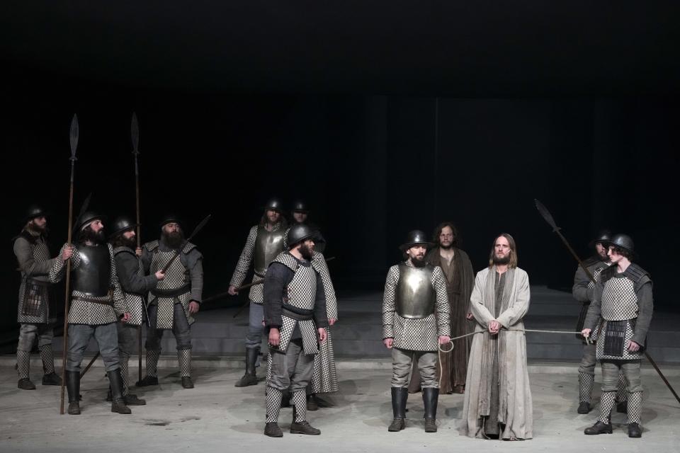 Frederik Mayet as Jesus performs during the rehearsal of the 42nd Passion Play in Oberammergau, Germany, Wednesday, May 4, 2022. More than 1800 citizens of this Bavarian village participate in the century-old play of the suffering of Christ, staged every ten years and dating back to 1634. (AP Photo/Matthias Schrader)