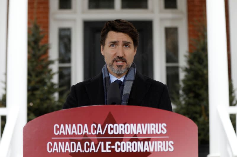 Canada's Prime Minister Justin Trudeau attends a news conference as efforts continue to help slow the spread of coronavirus disease (COVID-19) in Ottawa