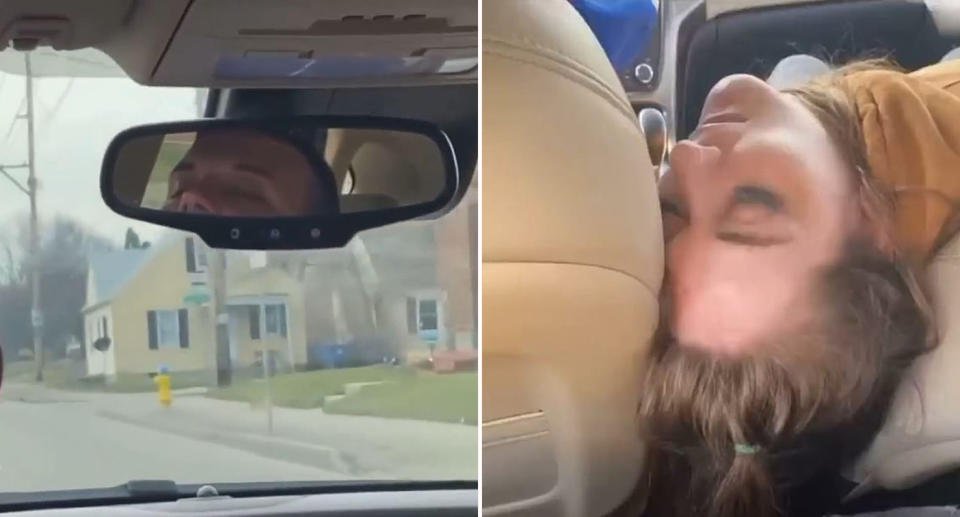 An Uber driver with his eyes closed while driving and a woman asleep next to him.