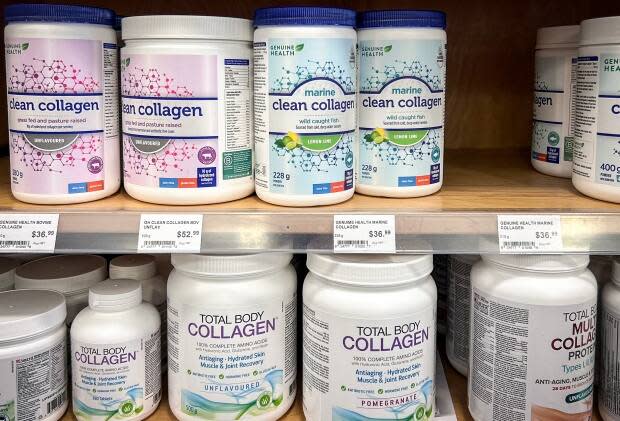 Collagen powder is seen being sold in tubs in a Toronto health-food store. While bovine collagen, from cows, has dominated the industry, marine collagen is becoming increasingly popular. 