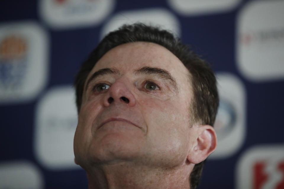 Rick Pitino the new coach of the Greek national basketball team listens a question during a press conference in Athens, Monday, Nov. 11, 2019. The 67-year-old American has agreed to coach the Greek national basketball team and lead its effort to qualify for the 2020 Tokyo Olympics. (AP Photo/Thanassis Stavrakis)