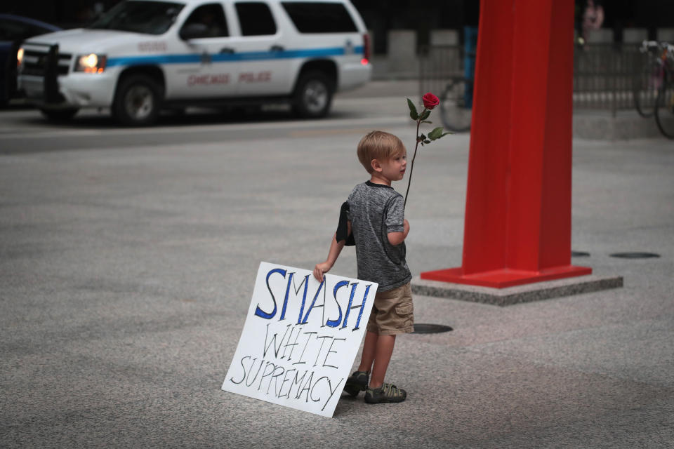 Four-year-old Leo Griffin leaves an Aug. 13 Chicago protest that&nbsp;mourned the victims of the white supremacist&nbsp;rally in Charlottesville, Virginia,&nbsp;the day before.