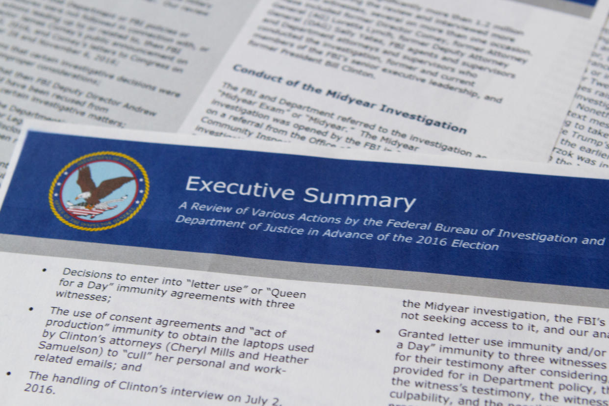 Part of the Department of Justice inspector general’s report released in Washington, D.C., on June 14, 2018. (Photo: Jon Elswick/AP)